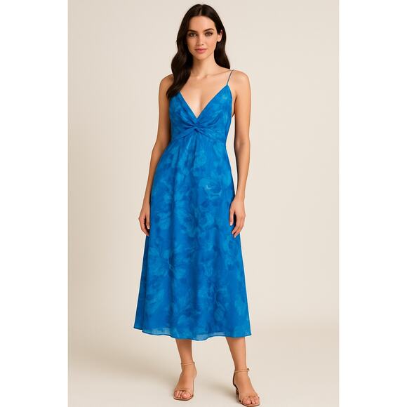 HALSTON Bright Blue Floral Chiffon V-Neck Criss-Cross Open Back Maxi Dress Size4
